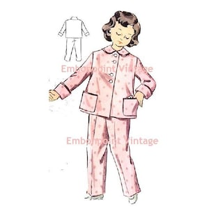 May include: A vintage sewing pattern for a pink polka dot pajama set with a collared top and long pants. The pattern includes a front view of the pajamas being worn by a young girl.