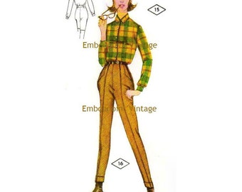 May include: Illustration of a woman wearing a plaid shirt in green and yellow, paired with high-waisted, mustard-colored pants. The outfit is accessorized with a thin belt and ankle boots. A sketch of the back of the shirt and pants is in the upper left corner.
