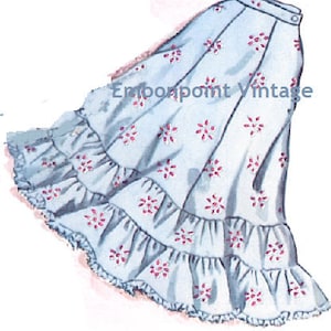 May include: A light blue skirt with a ruffled hem and a floral pattern. The skirt has three tiers of ruffles and is decorated with small pink flowers.
