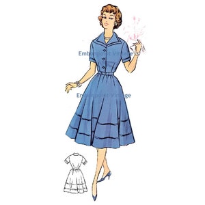 May include: Vintage sewing pattern illustration of a woman wearing a blue dress with a white collar and short sleeves. The dress has a fitted bodice and a full skirt with a gathered hem. The woman is holding a bouquet of flowers.