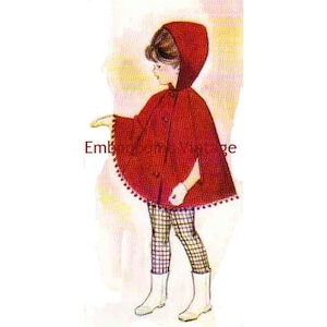 May include: A vintage sewing pattern for a red hooded cape with a white trim. The pattern is for a child's cape and includes instructions for making the cape.
