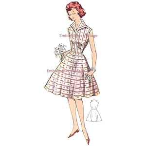 May include: A vintage illustration of a woman wearing a sleeveless dress with a button-up front and a star print. The dress has a fitted bodice and a full skirt. The woman is holding a bouquet of flowers.