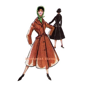 Puede incluir: Ilustración vintage de una mujer con abrigo marrón con estampado texturizado, pañuelo verde y botines negros. Una segunda mujer lleva un abrigo negro. El texto "Embonpoint Vintage" es visible.