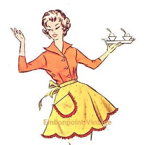 May include: A woman wearing a red blouse and a yellow and red polka dot apron with a ruffled hem. She is holding a tray with three small white dishes with white dots on top.