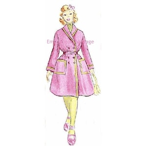 May include: A vintage illustration of a woman wearing a pink coat with a yellow trim and a belt. The coat has two pockets and a double-breasted closure. The woman is wearing yellow tights and pink shoes.