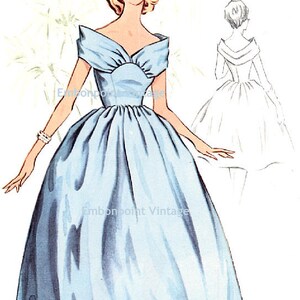 May include: A vintage illustration of a woman wearing a light blue off-the-shoulder gown with a fitted bodice and a full skirt. The gown has a V-neckline and a bow detail at the waist. The woman has blonde hair and is wearing white shoes.