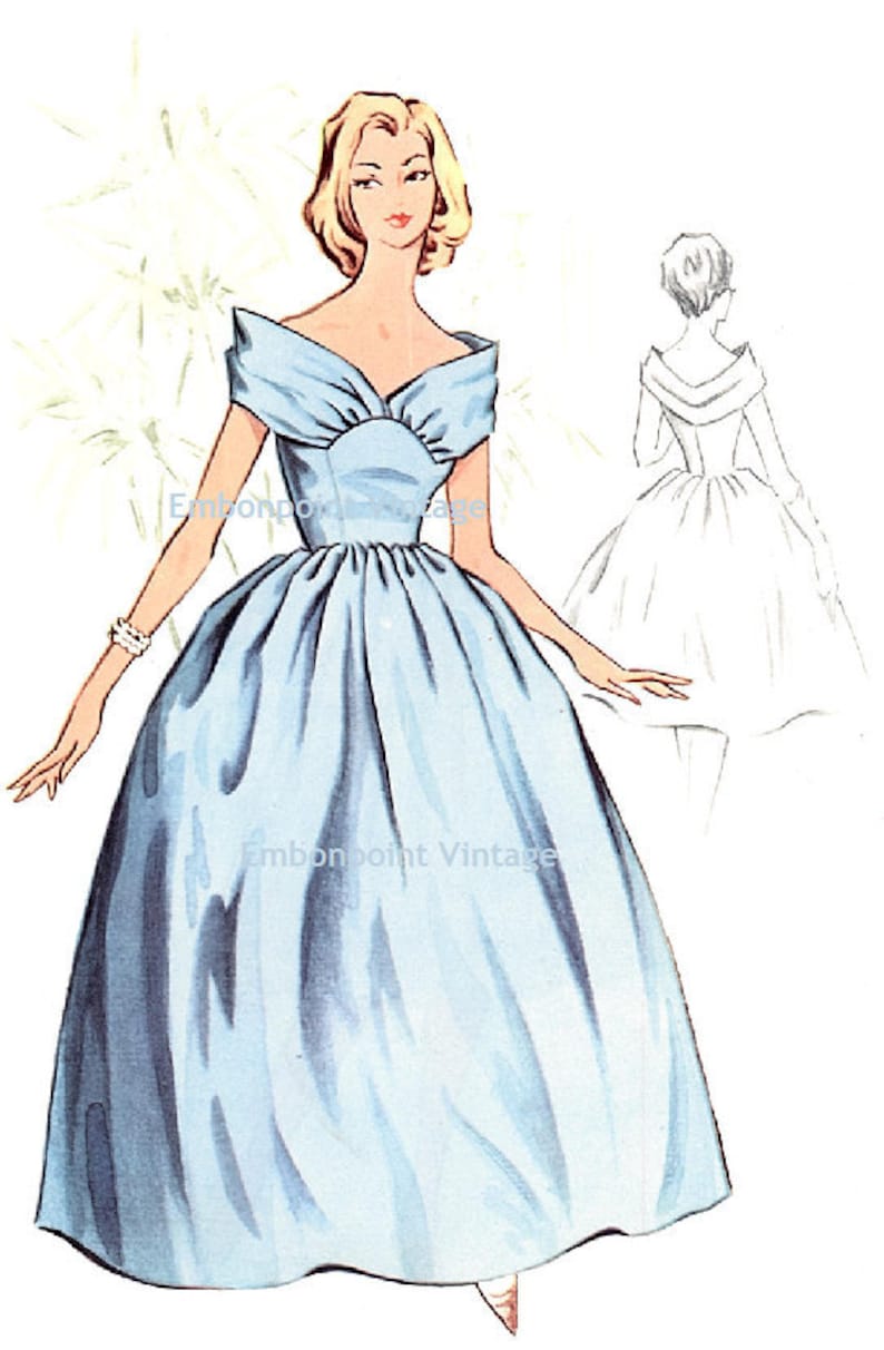 May include: A vintage illustration of a woman wearing a light blue off-the-shoulder gown with a fitted bodice and a full skirt. The gown has a V-neckline and a bow detail at the waist. The woman has blonde hair and is wearing white shoes.