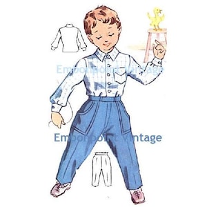 May include: A vintage sewing pattern illustration of a boy wearing a plaid shirt and blue pants. The pattern includes a shirt and pants with a yellow bird illustration.