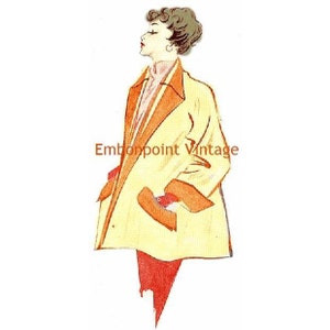 Könnte beinhalten: Eine Vintage-Illustration einer Frau, die einen gelben und orangenen Mantel mit braunem Kragen trägt. Die Frau schaut nach oben und nach rechts. Der Text "Embonpoint Vintage" ist unten in der Mitte des Bildes gedruckt.