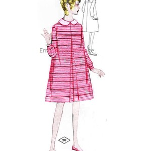 May include: A pink and black striped dress with a white collar and a white button closure. The dress has a fitted bodice and a slightly flared skirt. The model is wearing the dress with black shoes.