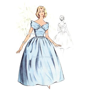 May include: A vintage illustration of a woman wearing a light blue, off-the-shoulder gown with a fitted bodice and a full skirt. The gown has a bow detail at the neckline.