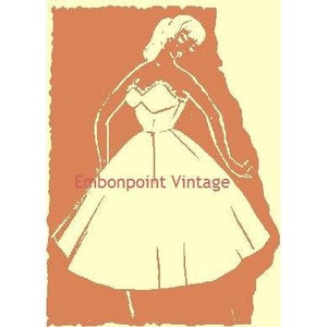 May include: A vintage illustration of a woman wearing a white dress with a full skirt. The dress has a sweetheart neckline and a fitted bodice. The woman is standing on a peach-colored background.