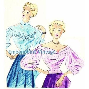 May include: Two vintage illustrations of women wearing blouses. The woman on the left is wearing a light blue blouse with a white collar and a floral design. The woman on the right is wearing a pink blouse with a wide neckline and puffed sleeves.