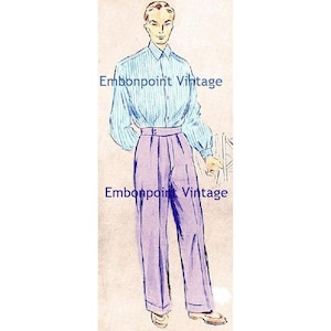 Pode incluir: Uma ilustração vintage de um homem vestindo uma camisa listrada azul claro com colarinho branco e calças lavanda. As calças têm cintura alta e pregas. O homem está de pé com as mãos nos lados. A ilustração é de Embonpoint Vintage.