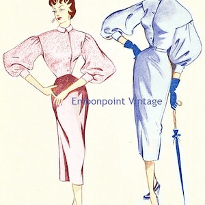 May include: Two women wearing vintage dresses with puffed sleeves. The woman on the left is wearing a pink dress with a white blouse and the woman on the right is wearing a light blue dress with a white blouse. Both women are wearing red shoes.