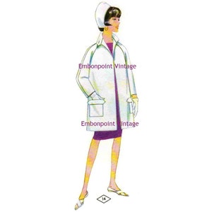 May include: A vintage illustration of a woman wearing a white coat with a white hat and a purple dress. The illustration is from Embonpoint Vintage.