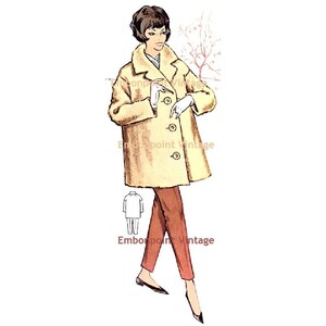 May include: A vintage illustration of a woman wearing a light brown coat with a button closure and a pair of red trousers. The woman is wearing white gloves and black shoes. The illustration is from Embopoint Vintage.
