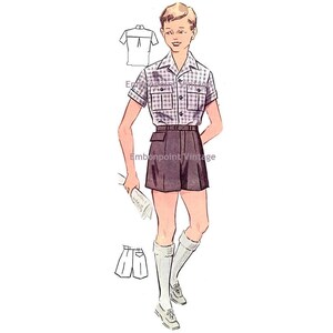 May include: Vintage sewing pattern illustration of a boy wearing a plaid short-sleeved shirt, brown shorts, white socks, and shoes. The pattern includes a separate illustration of the shirt and shorts.