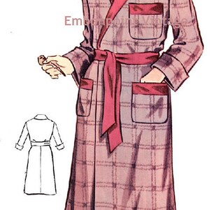 May include: A plaid robe with a red satin collar and sash. The robe has two patch pockets with red satin trim. The robe is worn over white pants and red slippers.