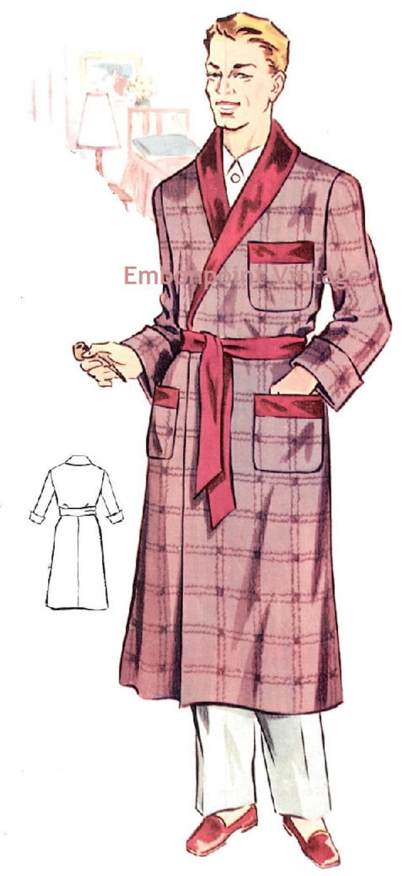 May include: A plaid robe with a red satin collar and sash. The robe has two patch pockets with red satin trim. The robe is worn over white pants and red slippers.