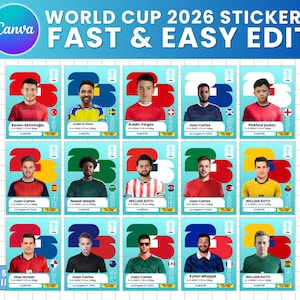 May include: A digital template featuring fifteen individual World Cup 2026 player sticker designs arranged in a grid. Each sticker displays a portrait of a soccer player, their name, stats, and a country flag against a light blue background.