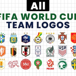 May include: A collection of FIFA World Cup team logos arranged in a grid. The text at the top reads ALL FIFA WORLD CUP TEAM LOGOS. The image features various national soccer federation emblems, including Brazil, Argentina, France, Germany, and others.
