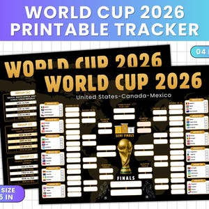 Könnte beinhalten: Ein schwarz-goldener, druckbarer World Cup 2026 Tracker mit Turnierbaum, Gruppenphasen-Listen und einer Trophäen-Illustration. Das Dokument misst 27,94 mal 21,59 cm und enthält den Text United States, Canada, Mexico.