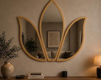 Espejo grande con diseño de loto, espejo de pared con marco dorado, espejo decorativo floral, espejo para recibidor, espejo para sala de estar, espejo de tocador.