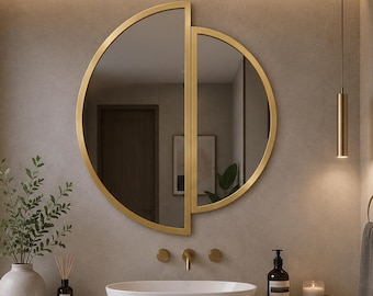 Espejo redondo asimétrico, juego de espejos de pared en forma de media luna, espejo geométrico con marco dorado, espejo circular grande para la entrada, estilo moderno Japandi Living
