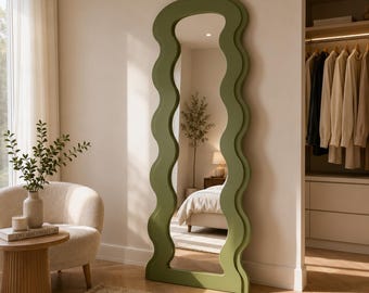 Espejo de cuerpo entero ondulado orgánico, espejo de pie de MDF hecho a mano, espejo de pie moderno, espejo de pared irregular, decoración de color personalizado
