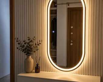 Espejo de cuerpo entero con arco LED, espejo de pared iluminado, espejo moderno retroiluminado, espejo con sensor táctil, decoración para la entrada del dormitorio.