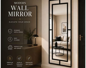 Espejo de pared moderno geométrico de cuerpo entero, espejo con marco de metal negro, espejo de entrada, espejo de dormitorio, espejo de pie decorativo grande.