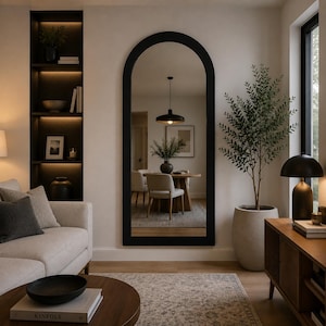 Op de afbeelding: Een hoge, kamerhoge boogspiegel met een zwart frame aan de muur. De spiegel reflecteert een eetkamer met een houten tafel, stoelen en een hanglamp. De kamer bevat een bank, een kamerplant en ingebouwde planken met decoratieve objecten.