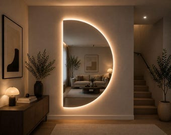 Espejo LED en forma de D, espejo de pared asimétrico, espejo de entrada moderno, espejo de tocador retroiluminado, espejo de pasillo, espejo de baño, espejo de cuerpo entero