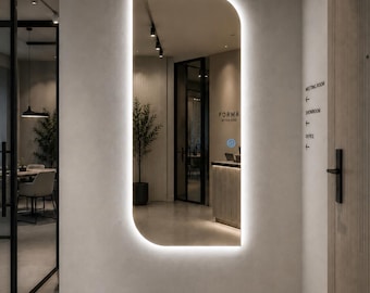 Espejo LED asimétrico, espejo de pared retroiluminado, espejo de baño moderno, espejo con sensor táctil, espejo de entrada, espejo de tocador.