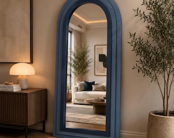 Espejo de pie con arco azul, espejo grande de cuerpo entero, espejo de pie moderno, espejo arqueado, espejo llamativo, espejo para dormitorio, decoración de entrada