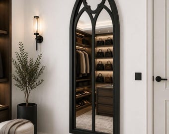 Espejo de pared con arco gótico, espejo catedral negro, espejo de cuerpo entero, espejo para ventana arqueada, espejo de entrada, decoración de dormitorio