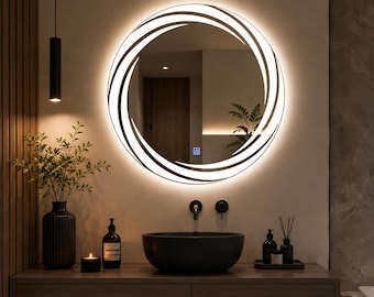 Modern Round LED Wall Mirror with Touch Sensor, Backlit Bathroom Mirror, Warm Light Vanity Mirror, Decorative Entryway Mirror, Custom Size