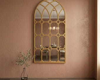 Espejo de arco de cuerpo entero, espejo de pared con rejilla para ventana, espejo grande para ventana de iglesia, decoración de pared moderna de estilo rústico, espejo llamativo para sala de estar,