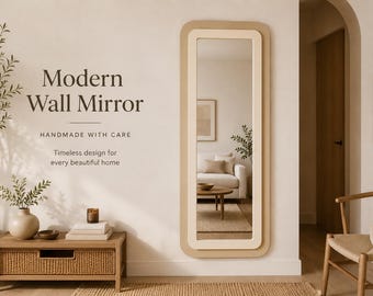Espejo de pared grande de cuerpo entero, espejo rectangular moderno con esquinas redondeadas, espejo con marco beige, decoración para recibidor, dormitorio o vestidor.