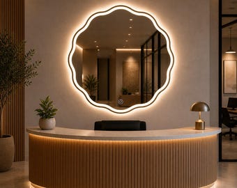Espejo de pared LED ondulado, espejo de tocador irregular, espejo de baño retroiluminado, espejo de salón moderno, espejo con sensor táctil, espejo de pared decorativo