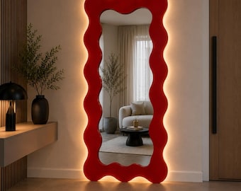 Golvende passpiegel, asymmetrische wandspiegel, moderne decoratieve spiegel, statementspiegel, halspiegel, slaapkamerspiegel, led-spiegel