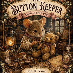May include: A coloring book titled The Button Keeper: Stories in Every Stitch, featuring an illustration of a mouse wearing glasses and a floral dress, sewing a button onto a brown teddy bear. The scene includes a lantern, keys, and a letter.