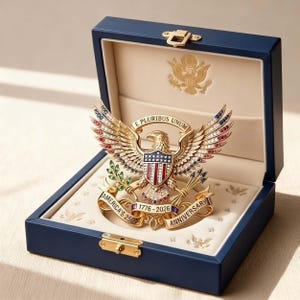 Può includere: Un emblema a forma di aquila dorata con dettagli rossi, bianchi e blu, presentato in un cofanetto blu navy. L'emblema presenta il testo "E PLURIBUS UNUM" e "AMERICA'S 250TH ANNIVERSARY 1776-2026". La scatola ha una chiusura dorata.