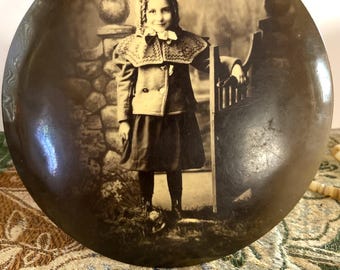 Antique Victorian era Photo of young girl-Sepia/Brown- Round Tin