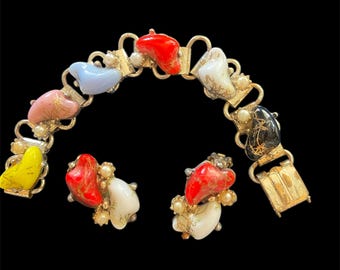 1950’s Colorful link bracelet and matching Earrings-Pearls and faux Stones