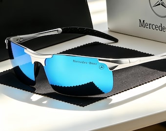 Okulary przeciwsłoneczne Mercedes-Benz z polaryzacją dla mężczyzn, niebieskie soczewki lustrzane, okulary sportowe z filtrem UV400, ochrona UV do jazdy samochodem i na zewnątrz