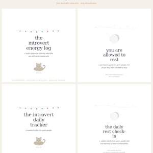 Könnte beinhalten: Vierteiliges Bild mit dem Titel "the quiet collection" und Werkzeugen für Introvertierte. Jeder Abschnitt enthält Text und eine kleine Illustration. Zu den Werkzeugen gehören ein Energieprotokoll, ein Leitfaden zur Ruhe, ein täglicher Tracker und ein Ruhe-Check-in.