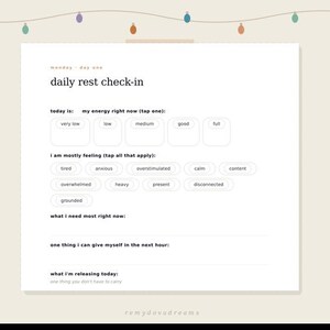 May include: A digital daily rest check-in template on a cream-colored background. The template includes sections for energy levels, feelings, needs, and self-care actions. Decorative string lights and floral accents adorn the top and sides.