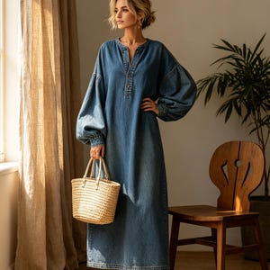 Överdimensionerad denimmaxiklänning, vintagetvättad jeanskaftan, denimklänning med puffärmar